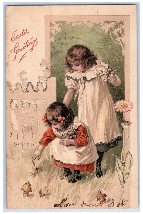 1907 Easter Greetings Girls Picking Flowers Chicks Cincinnati Ohio OH Postcard