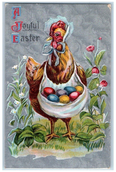 1911 Easter Joyful Chicken Hen Eggs Flowers Embossed Posted Antique Postcard