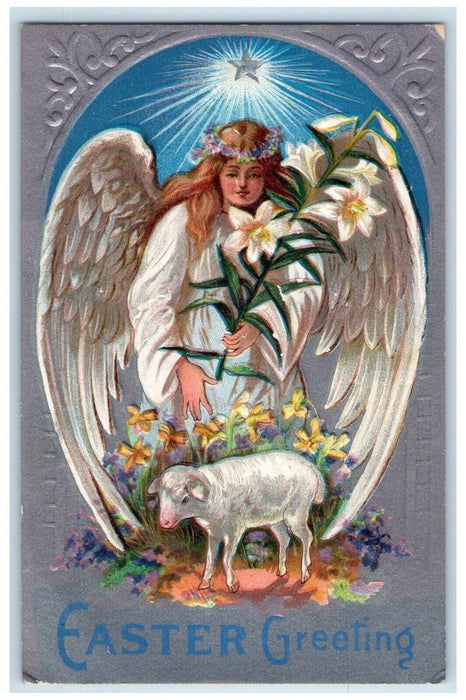 c1910's Easter Greetings Holly Angel Lily Flowers Lamb Embossed Antique Postcard