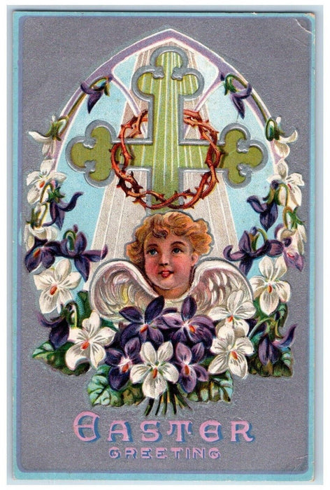 c1910's Easter Greetings Holly Angel Cross Lily Flowers Embossed Postcard