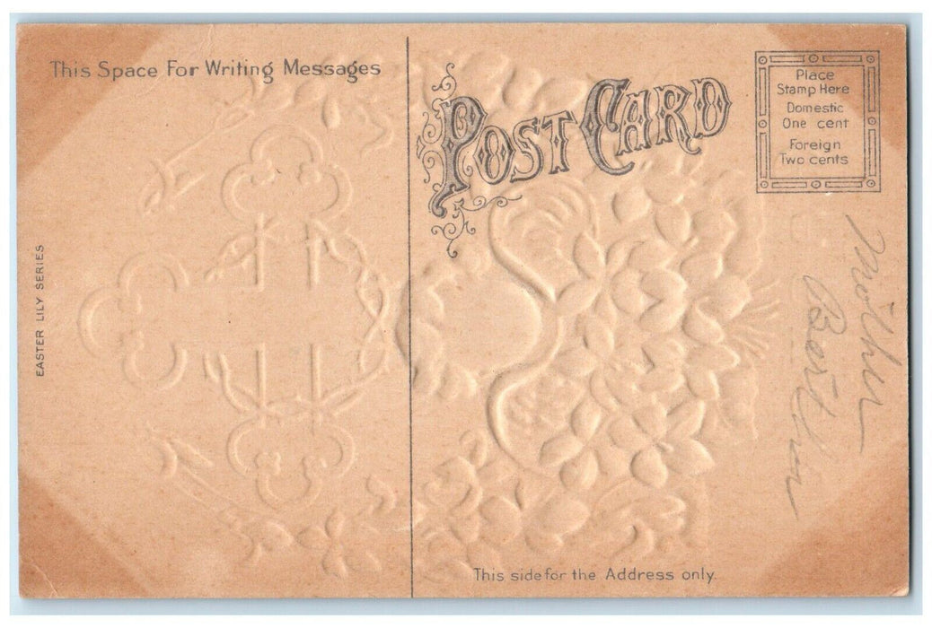 c1910's Easter Greetings Holly Angel Cross Lily Flowers Embossed Postcard