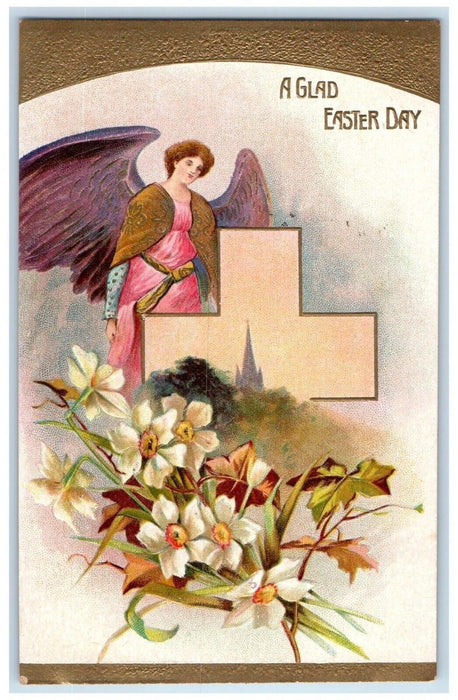 c1910's Easter Day Holly Cross Angel Flowers Embossed Unposted Antique Postcard