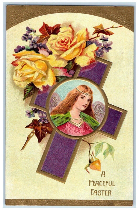c1910's Easter Purple Cross Angel Yellow Pansies Flowers Embossed Postcard