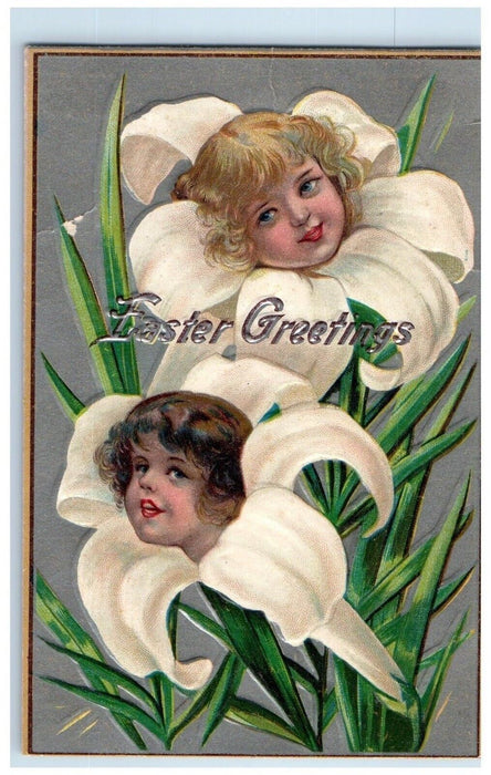c1910's Easter Greetings Angel Heads White Flowers Embossed Winsch Back Postcard