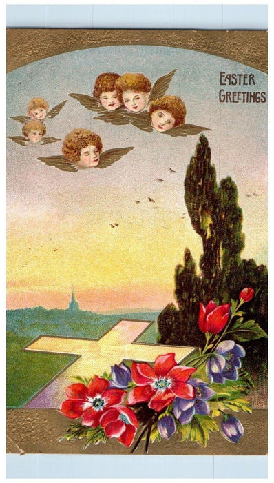 c1910's Easter Greetings Angel Heads Cross Flowers Embossed Antique Postcard