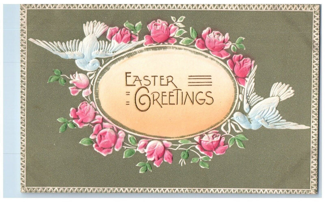 1909 Easter Greetings Dove Pink Flowers Embossed Roselle IL Antique Postcard