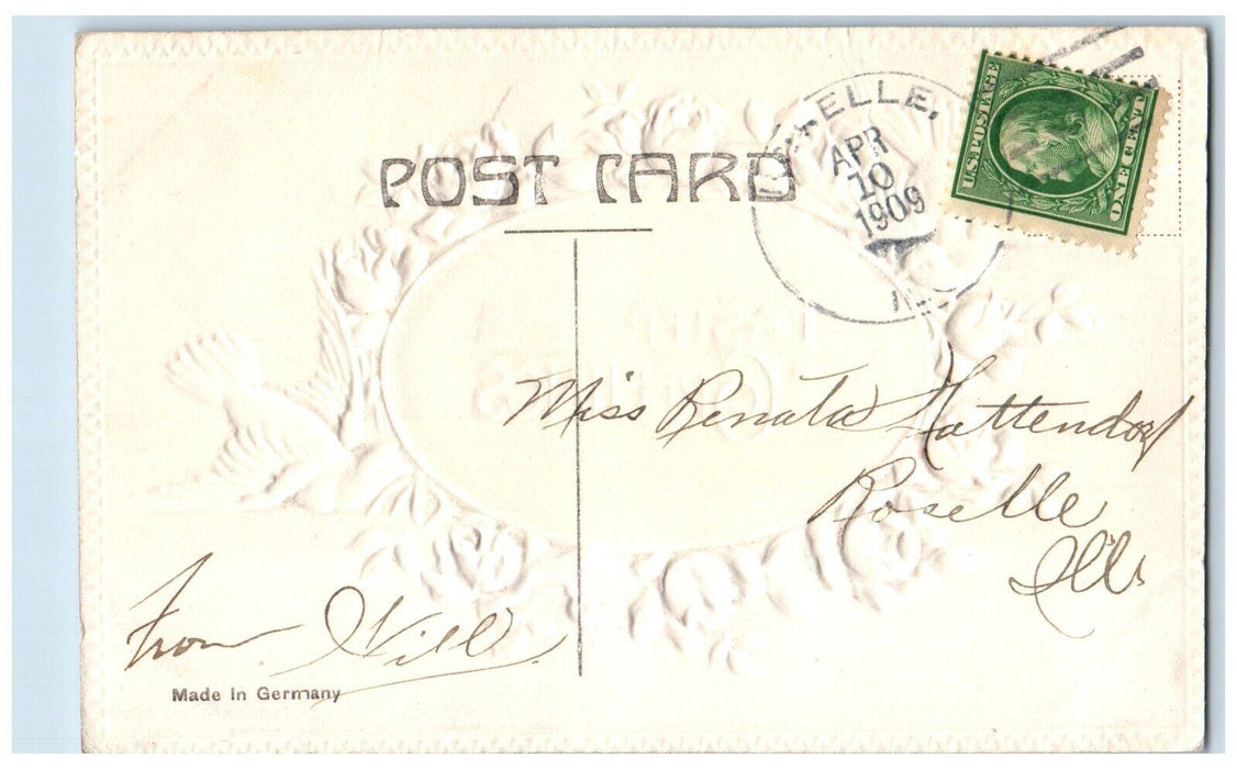1909 Easter Greetings Dove Pink Flowers Embossed Roselle IL Antique Postcard