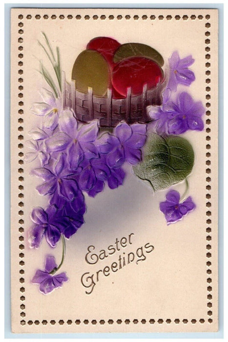 c1910's Easter Greetings Egg Basket Pansies Flowers Airbrushed Antique Postcard
