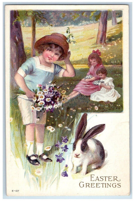 Easter Greetings Boy Girls Flowers Present Bunny Rabbit Embossed Postcard
