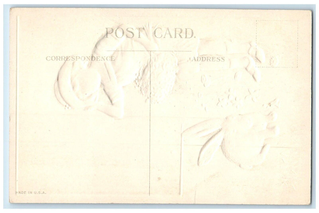 Easter Greetings Boy Girls Flowers Present Bunny Rabbit Embossed Postcard