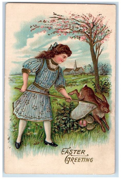 c1910's Easter Greetings Girl Cached Bunny Rabbit Eggs Embossed Antique Postcard