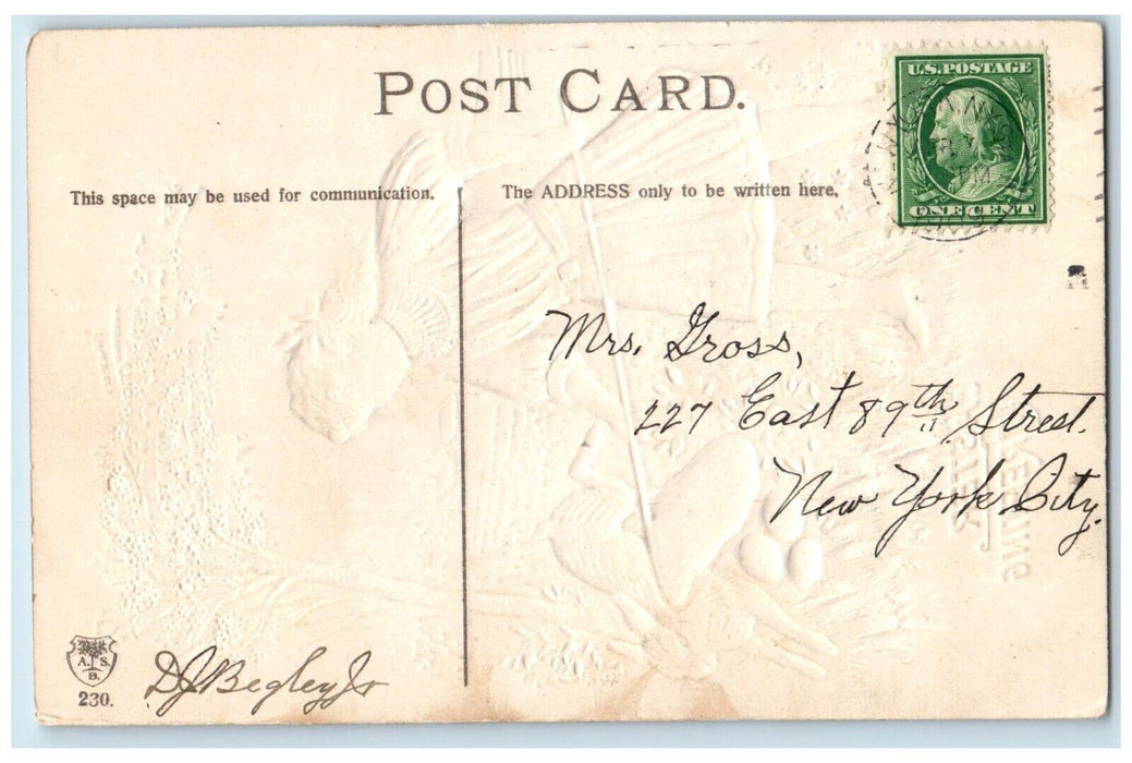 c1910's Easter Greetings Girl Cached Bunny Rabbit Eggs Embossed Antique Postcard