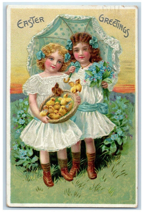 c1910's Easter Greetings Girls Chicks In Basket Pansies Umbrella Tuck's Postcard