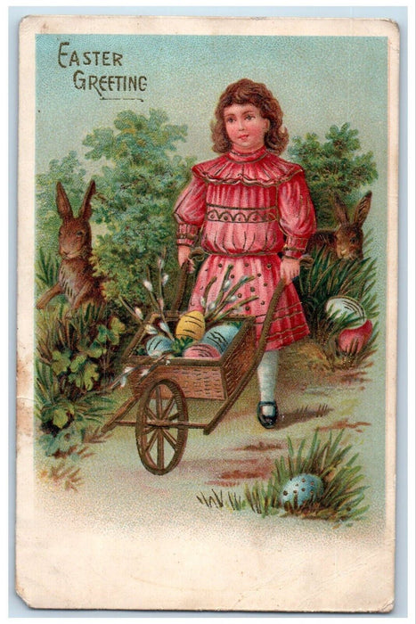 c1910's Easter Greetings Girl Pushing Cart Eggs Rabbit Bunny Embossed Postcard