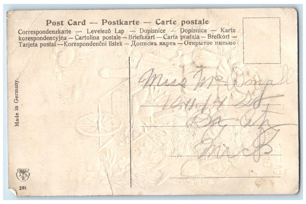 c1910's Easter Greetings Girl Pushing Cart Eggs Rabbit Bunny Embossed Postcard