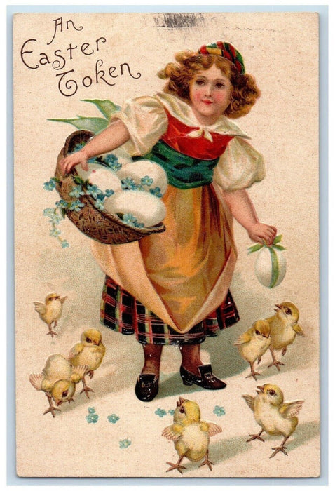 1908 Easter Token Girl Eggs Basket Chicks Clapsaddle Embossed Antique Postcard