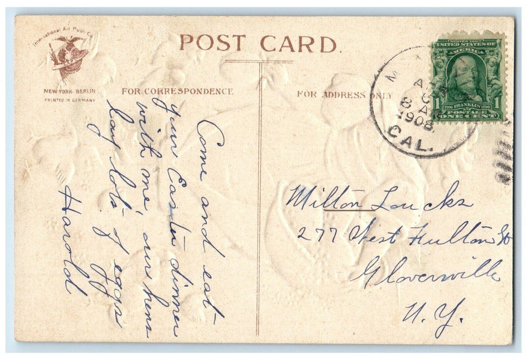 1908 Easter Token Girl Eggs Basket Chicks Clapsaddle Embossed Antique Postcard