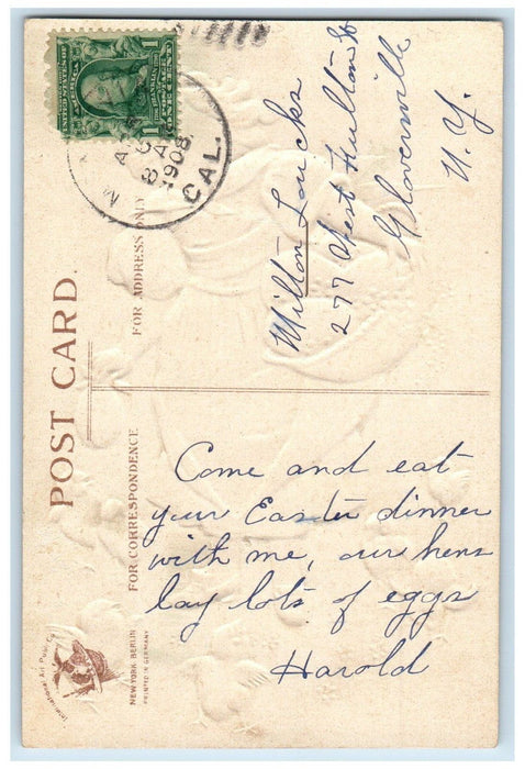 1908 Easter Token Girl Eggs Basket Chicks Clapsaddle Embossed Antique Postcard
