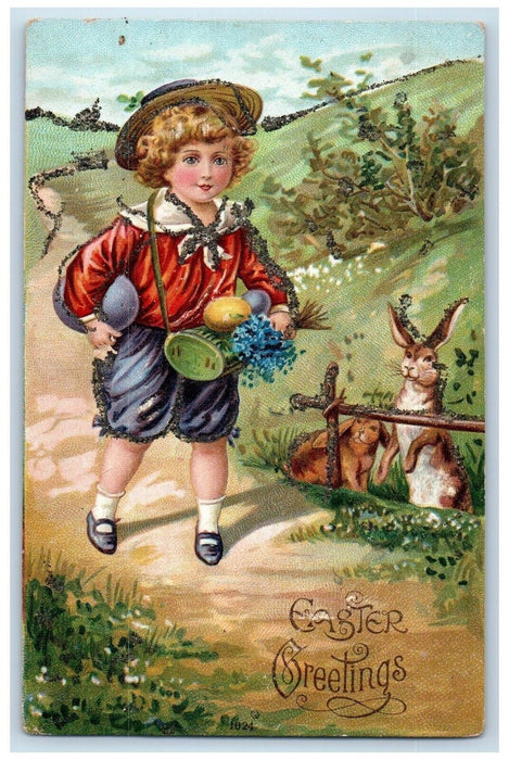 c1910's Easter Greetings Boy Egg Rabbit Pansies Embossed Glitter Postcard