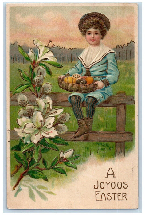 1908 Easter Boy Sitting Fence White Lily Flowers Embossed York PA Postcard
