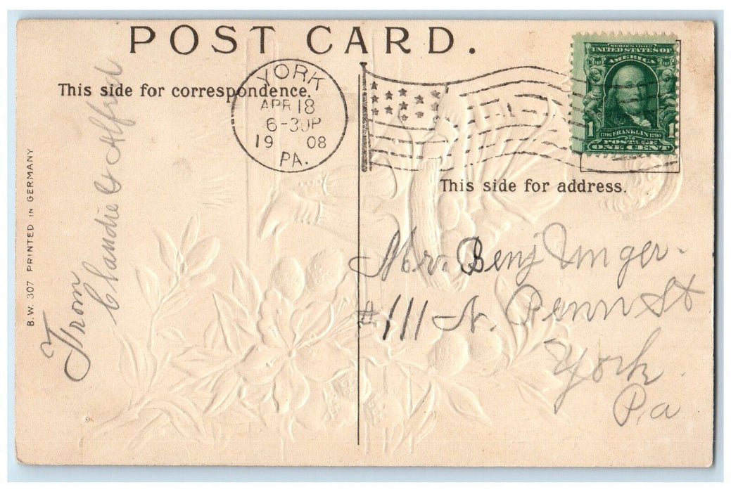 1908 Easter Boy Sitting Fence White Lily Flowers Embossed York PA Postcard