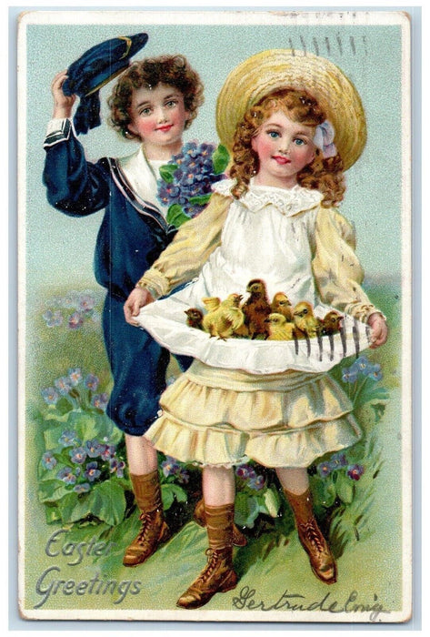 1909 Easter Greetings Boy Girl Cached Chicks Pansies Flowers Embossed  Postcard