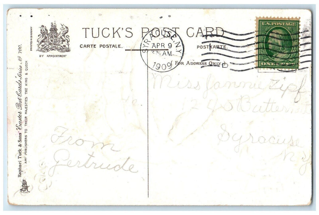 1909 Easter Greetings Boy Girl Cached Chicks Pansies Flowers Embossed  Postcard