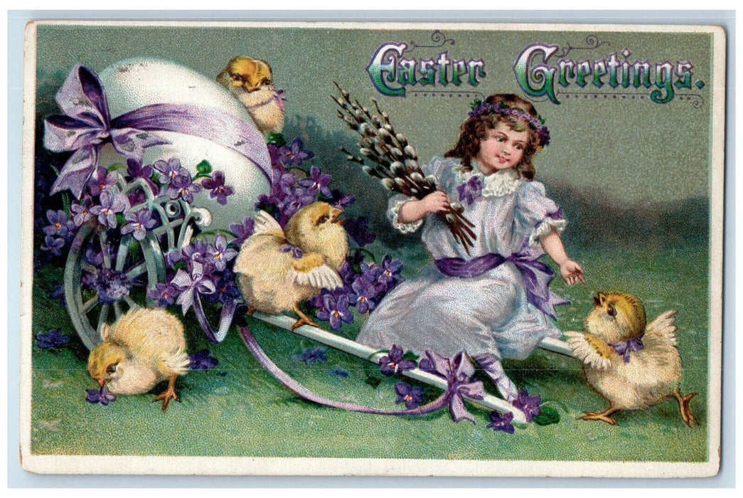 1914 Easter Greetings Girl Cart Giant Egg Chicks Pansies Antique Posted Postcard