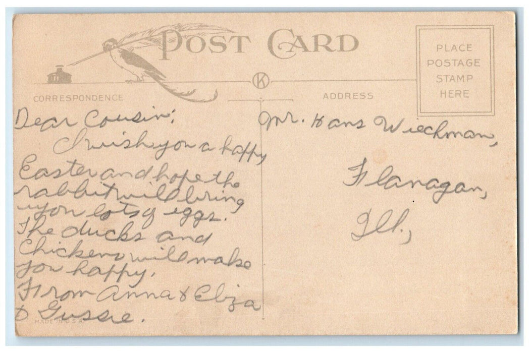 c1910's Easte Greetings Bunny Rabbit Basket Fells Egg Posted Antique Postcard