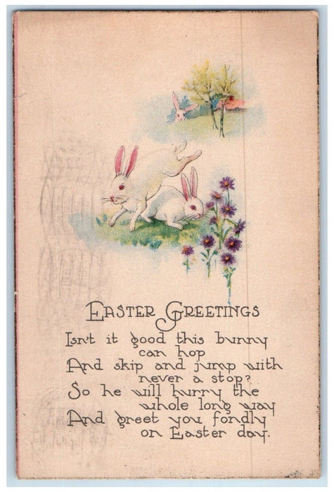 c1910's Easter Greetings Bunny Rabbits Pansies Flowers Posted Antique Postcard