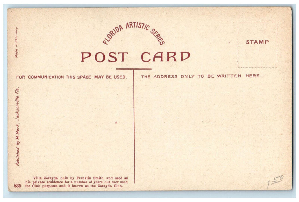 c1910 The Zorayda Club St. Augustine FL Florida Artistic Series Postcard