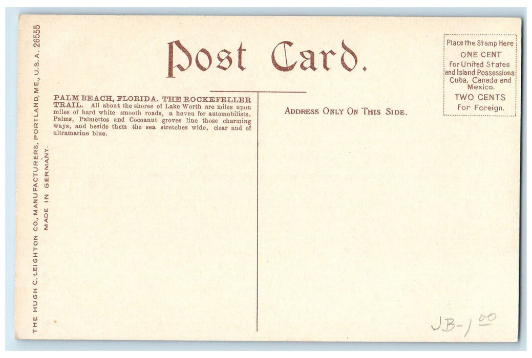 c1910 The Rockefeller Trail Palm Beach Florida FL Antique Unposted Postcard