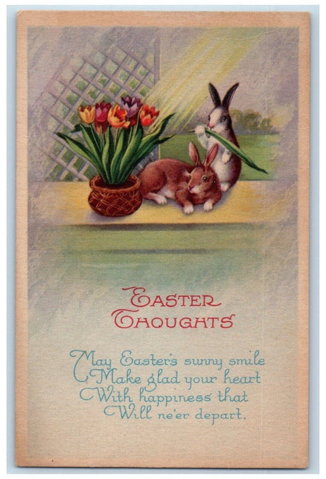 c1910's Easter Thoughts Bunny Rabbit Flowers In Pot Unposted Antique Postcard