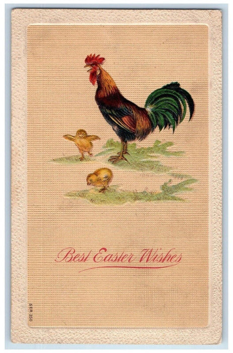 c1910's Easter Wishes Rooster Chicks Embossed Unposted Antique Postcard