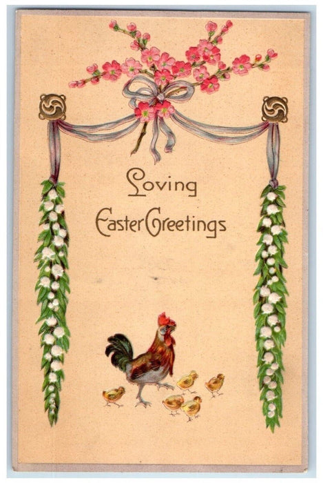 c1910's Easter Greetings Rooster Chicks White Flowers Pansies Embossed Postcard