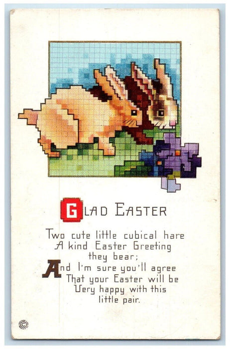 c1910's Easter Greetings Cubical Hare Bunny Rabbit Posted Antique Postcard