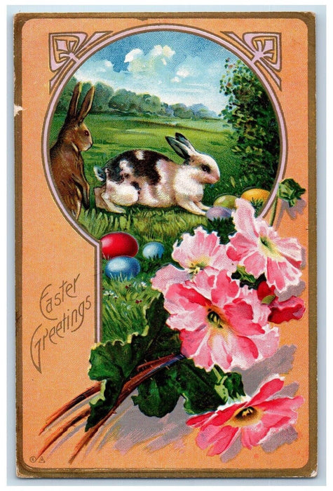 c1910's Easter Greetings Bunny Rabbit Egg Flowers Embossed Nash Postcard