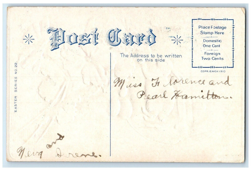 c1910's Easter Greetings Bunny Rabbit Egg Flowers Embossed Nash Postcard