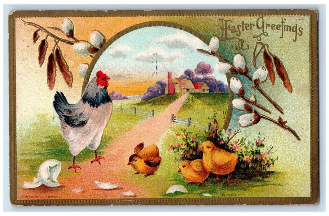 1911 Easter Greetings Chicken Chicks Hatched Egg Flowers Bloomington IL Postcard