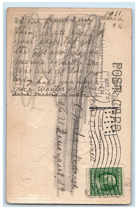 1911 Easter Greetings Chicken Chicks Hatched Egg Flowers Bloomington IL Postcard