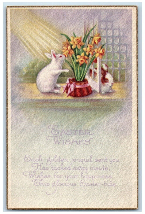 c1910's Easter Wishes Bunny Rabbit Flowers Pot Ribbon Unposted Antique Postcard