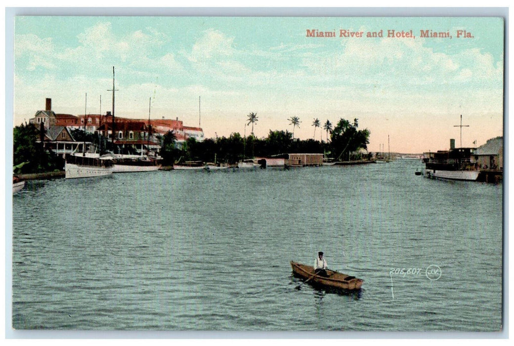 c1910 Boat Paddling Miami River and Hotel Miami Florida FL Posted Postcard
