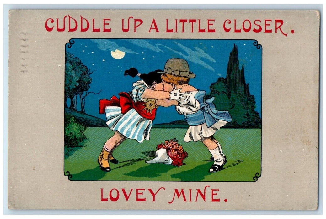 1912 Valentine Little Girls Cuddle Up Closer Flowers Moon Stars Antique Postcard