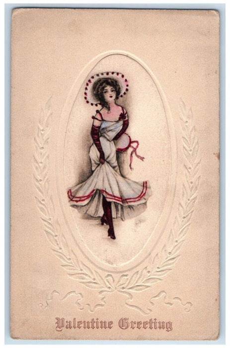 c1910's Valentine Greetings Pretty Girl Dress Gibson Embossed Antique Postcard