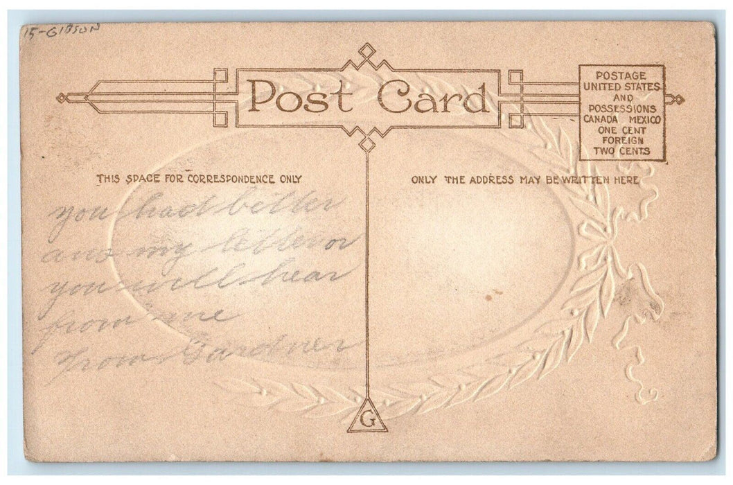 c1910's Valentine Greetings Pretty Girl Dress Gibson Embossed Antique Postcard