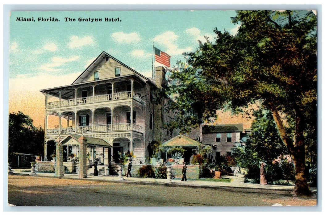 c1910 US Flag The Gralynn Hotel Miami Florida FL Unposted Antique Postcard