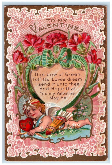 1909 Valentine Heart Angel Cupid Bow And Arrow Flowers Embossed Posted Postcard