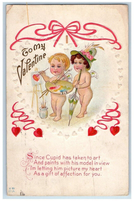 1913 Valentine Angels Bare Butt Painter Hearts Umbrella Philadelphia PA Postcard