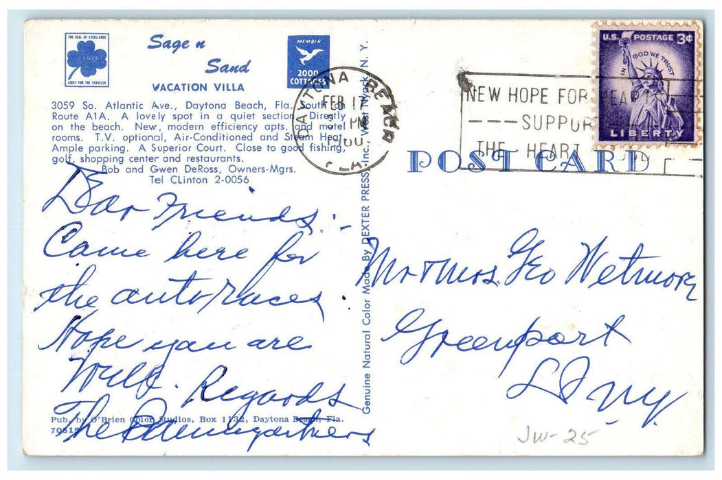 1960 Sage N Sand Vacation Villa Daytona Beach Florida FL Posted Postcard