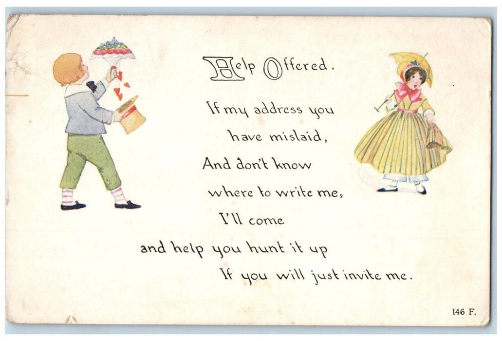 c1910's Valentine Help Offered Girl Boy Flowers Present Posted Antique Postcard